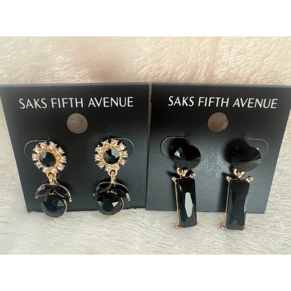 Saks Fifth Avenue Earrings 2 Pair Black Gold Crystal Rhinestone NWT Glam Evening - Picture 4 of 13